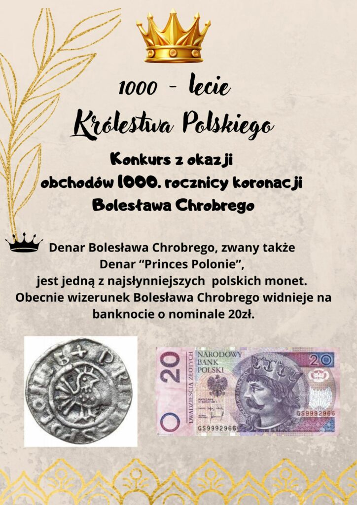 Plakat konkursu z okazji 1000-lecia koronacji Bolesława Chrobrego. Informacja o denarze i banknocie 20 zł z jego wizerunkiem.