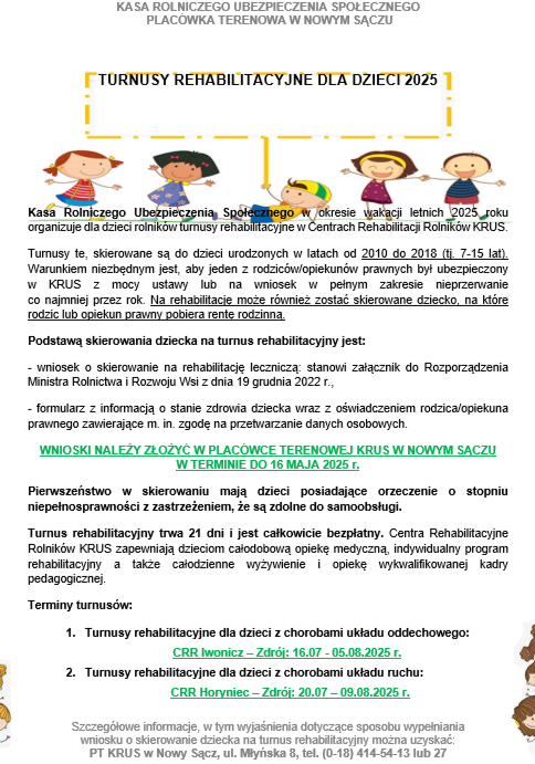Plakat informacyjny KRUS o turnusach rehabilitacyjnych dla dzieci rolników w 2025 roku. Termin zgłoszeń do 16 maja.