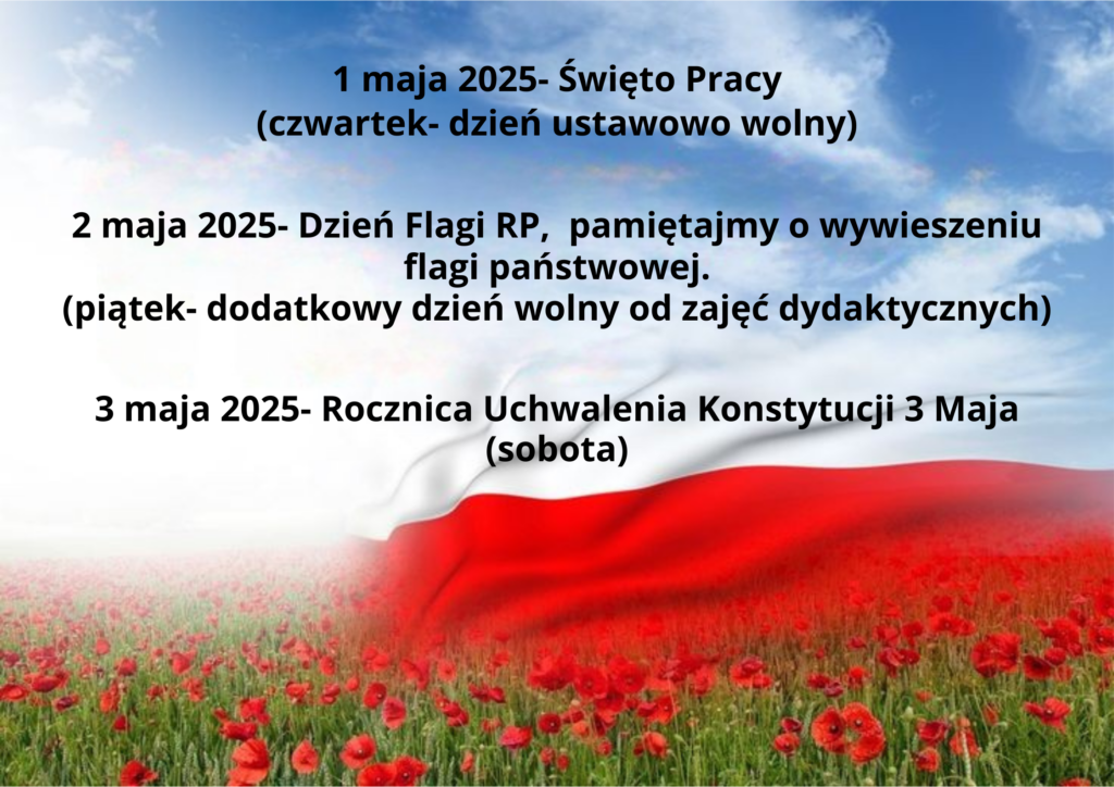 Grafika informacyjna z datami świąt majowych w 2025 roku, na tle biało-czerwonej flagi i pola maków.