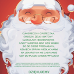 Ilustracja przedstawia wesołego, uśmiechniętego Mikołaja o rumianych policzkach i wielkiej, puszystej brodzie, na tle ciepłej czerwieni. Na środku plakatu widnieje wierszowana prośba o słodycze i datki na rzecz osób chorych na mukowiscydozę. U dołu znajduje się logo Polskiego Towarzystwa Walki z Mukowiscydozą oraz podziękowanie za wsparcie akcji „Mikołajki dla Mukoludków”.