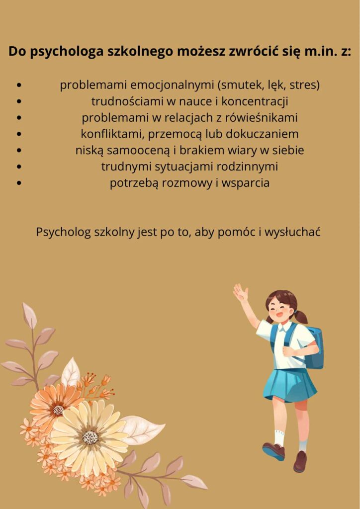 Plakat na beżowym tle z nagłówkiem „Do psychologa szkolnego możesz zwrócić się m.in. z:”. Poniżej lista powodów kontaktu: problemy emocjonalne (smutek, lęk, stres), trudności w nauce i koncentracji, problemy w relacjach rówieśniczych, konflikty i przemoc, niska samoocena, trudne sytuacje rodzinne oraz potrzeba rozmowy i wsparcia. Na dole hasło: „Psycholog szkolny jest po to, aby pomóc i wysłuchać”. W dolnej części dekoracyjne kwiaty oraz ilustracja uśmiechniętej uczennicy z plecakiem.