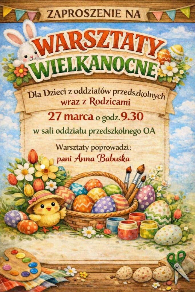 Kolorowy plakat zaprasza na warsztaty wielkanocne dla dzieci z oddziałów przedszkolnych i ich rodziców, które odbędą się 27 marca o godz. 9:30 w sali oddziału przedszkolnego OA. Ilustracje przedstawiają pisanki, koszyk, kurczaczka, zajączka oraz farby i kwiaty, a warsztaty poprowadzi pani Anna Babuśka.