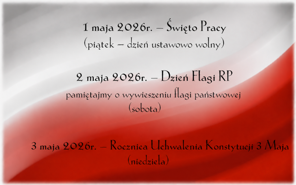 Grafika w barwach flagi Polski (biało-czerwona) przedstawiająca informacje o majowych świętach w 2026 roku: 1 maja – Święto Pracy (piątek, dzień ustawowo wolny), 2 maja – Dzień Flagi RP (sobota, przypomnienie o wywieszeniu flagi), 3 maja – Rocznica uchwalenia Konstytucji 3 Maja (niedziela).