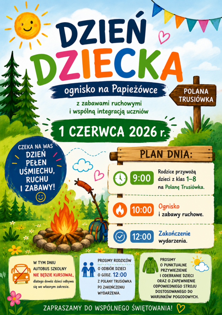 Plakat przedstawia kolorową grafikę promującą szkolny Dzień Dziecka organizowany 1 czerwca 2026 r. na Papieżówce. Na ilustracji widoczne są: uśmiechnięte słońce, las, ognisko, plecak oraz drewniane tablice informacyjne. Centralną część plakatu zajmuje duży, barwny napis „Dzień Dziecka” oraz harmonogram wydarzenia obejmujący przyjazd uczniów klas 1–8 na Polanę Trusiówka, wspólne ognisko i zabawy ruchowe oraz zakończenie wydarzenia. Całość utrzymana jest w radosnej, dziecięcej stylistyce nawiązującej do integracji, zabawy i spędzania czasu na świeżym powietrzu.