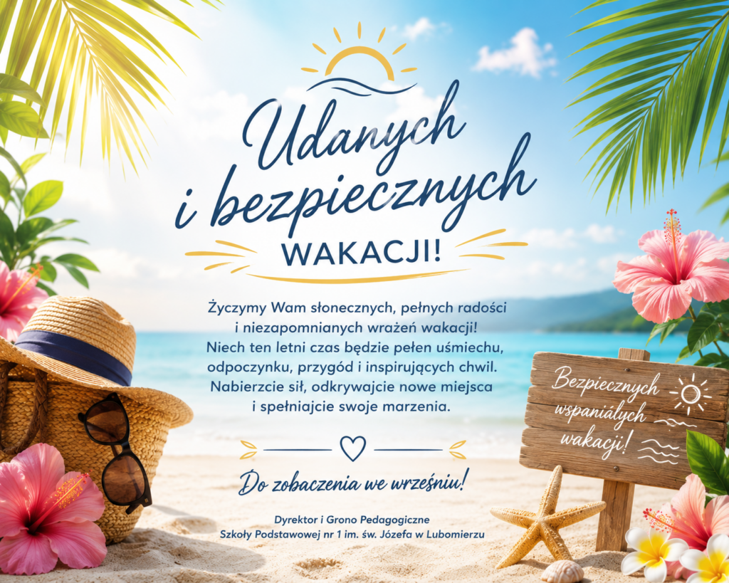 Kolorowa grafika z wakacyjnymi życzeniami na tle słonecznej, piaszczystej plaży i błękitnego morza. Kadr otaczają zielone liście palm oraz różowe kwiaty hibiskusa. Po lewej stronie znajduje się słomkowy kapelusz, pleciona torba i okulary przeciwsłoneczne, a po prawej drewniana tabliczka z wakacyjnym napisem oraz rozgwiazda. W centralnej części umieszczono duży tytuł „Udanych i bezpiecznych wakacji!” oraz życzenia słonecznego, radosnego i bezpiecznego wypoczynku zakończone podpisem Dyrektora i Grona Pedagogicznego Szkoły Podstawowej nr 1 im. św. Józefa w Lubomierzu.