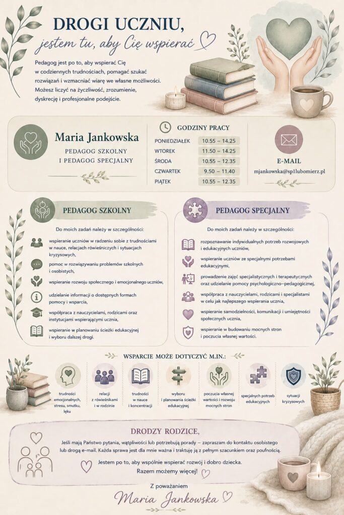 Infografika przedstawiająca zakres wsparcia pedagoga szkolnego i pedagoga specjalnego Marii Jankowskiej. Zawiera godziny pracy, adres e-mail oraz informacje o pomocy oferowanej uczniom, m.in. w trudnościach w nauce, problemach emocjonalnych i relacjach rówieśniczych, planowaniu ścieżki edukacyjnej, specjalnych potrzebach edukacyjnych i sytuacjach kryzysowych. Utrzymana w spokojnej, pastelowej kolorystyce, z ilustracjami dłoni, serca, książek i roślin.