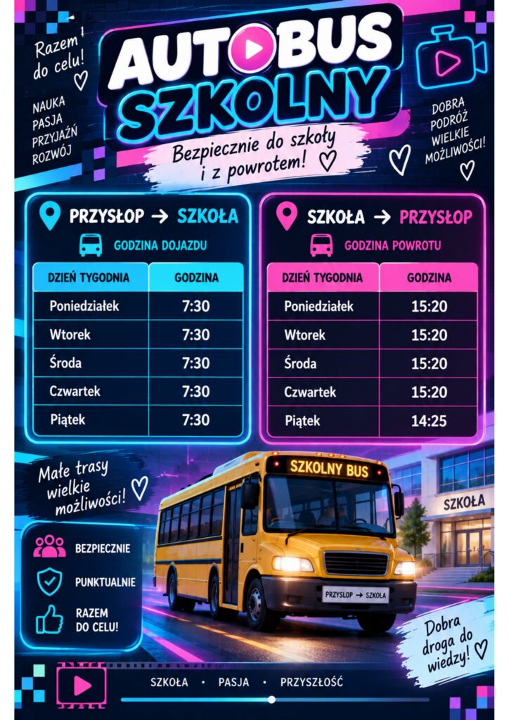 Plakat „Autobus szkolny” przedstawiający rozkład bezpłatnego transportu uczniów na trasie przystop–szkoła i szkoła–przystanek. Odjazd do szkoły od poniedziałku do piątku o godz. 7:30. Powrót od poniedziałku do czwartku o godz. 15:20, a w piątek o godz. 14:25.
