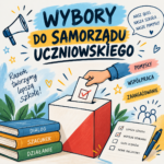 Kolorowa grafika dotycząca wyborów do Samorządu Uczniowskiego. Przedstawia urnę wyborczą i dłoń wrzucającą kartę do głosowania. Wokół znajdują się szkolne symbole oraz hasła związane z demokracją i działalnością samorządu: „Pomysły”, „Współpraca”, „Zaangażowanie”, „Dialog”, „Szacunek” i „Działanie”.