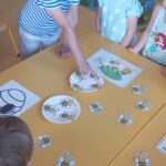 Chłopiec liczy pszczółki leżące na papierowych talerzykach.