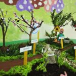 Fragment makiety z drzewami owocowymi, owadami zapylającymi, kompostem i elementami przyrody ukazującymi rolnictwo ekologiczne.