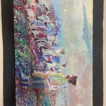 Zdjęcie przedstawia jedną z prac plastycznych uczniów ukazującą scenę wiejską inspirowaną twórczością Władysława Reymonta, zaprezentowaną w ramach konkursu „Reymontowska wieś w obrazach”.